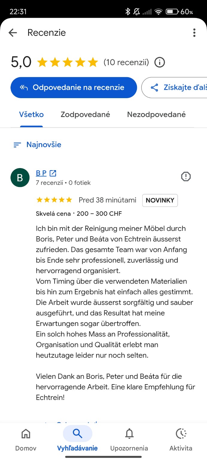 Originale 5-Sterne-Google-Bewertung von B P zur Polster- und Matratzenreinigung durch EchtRein